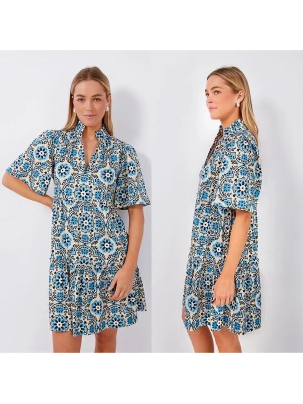 Tuckernuck Golden Medallion Crawford Dress Size Medium Flutter Ruffle Mini Blue